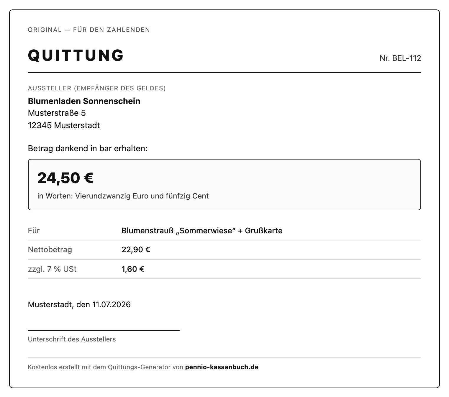 Ausgefüllte Quittung über 24,50 € mit Original und Durchschrift auf einer A4-Seite, erstellt mit dem Quittungs-Generator