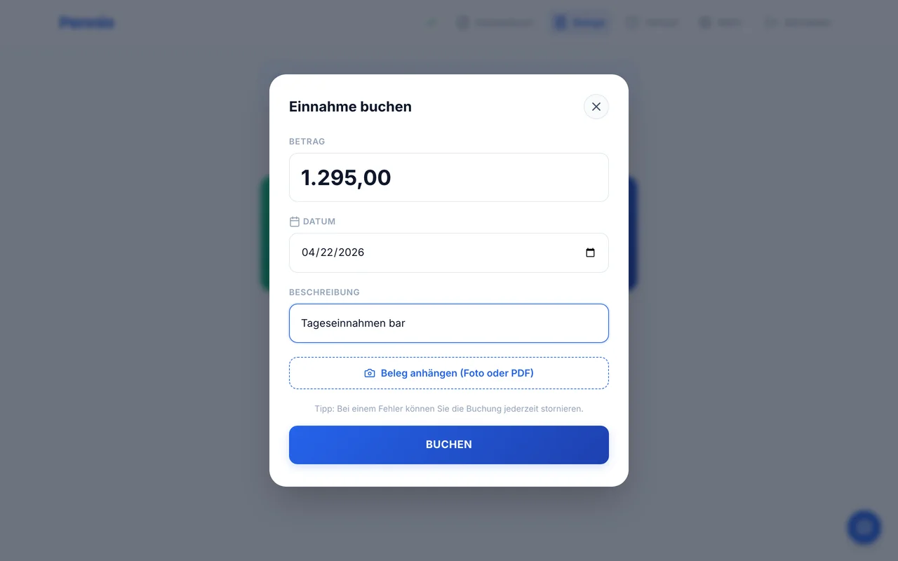Buchungsformular in Pennio – Einnahme buchen mit Betrag, Datum, Beschreibung und Beleg-Foto