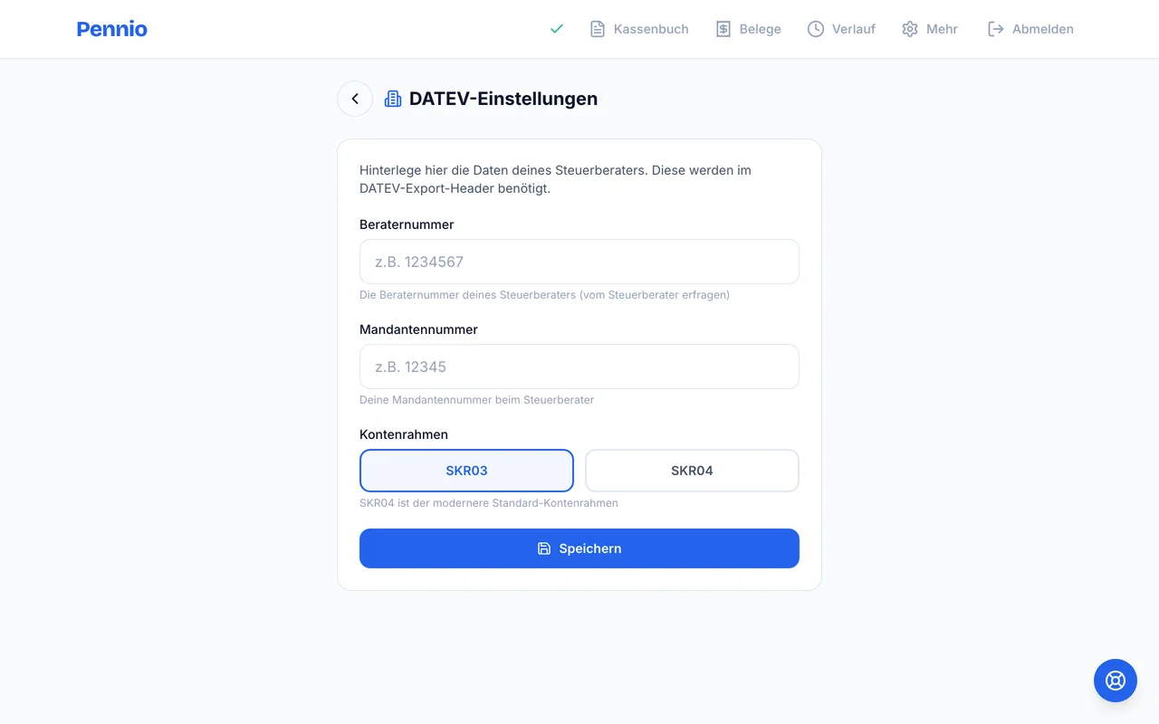 DATEV-Einstellungen mit Beraternummer, Mandantennummer und Kontenrahmen