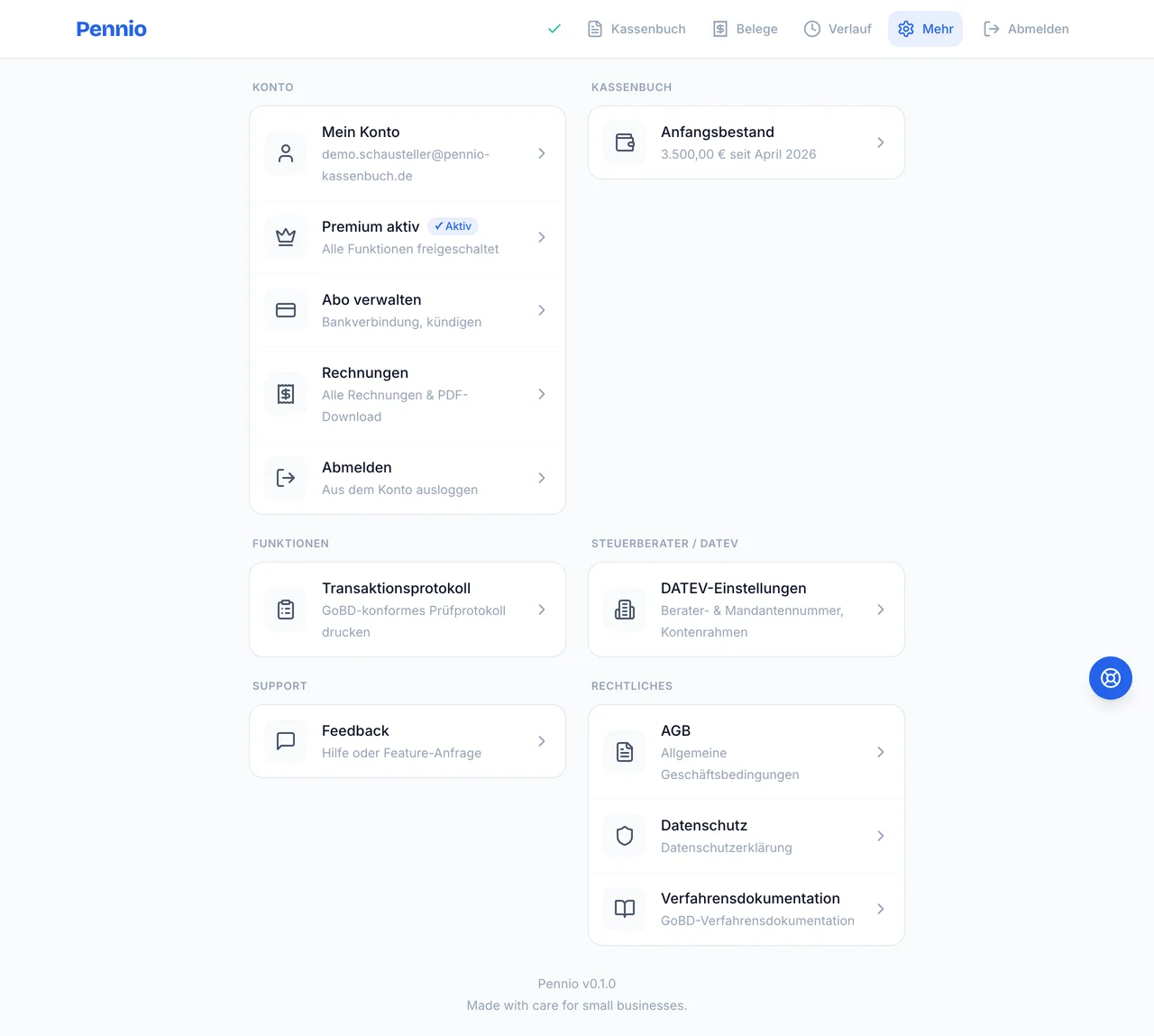 Einstellungen-Seite mit Konto, Kassenbuch, Funktionen, DATEV, Support und Rechtliches