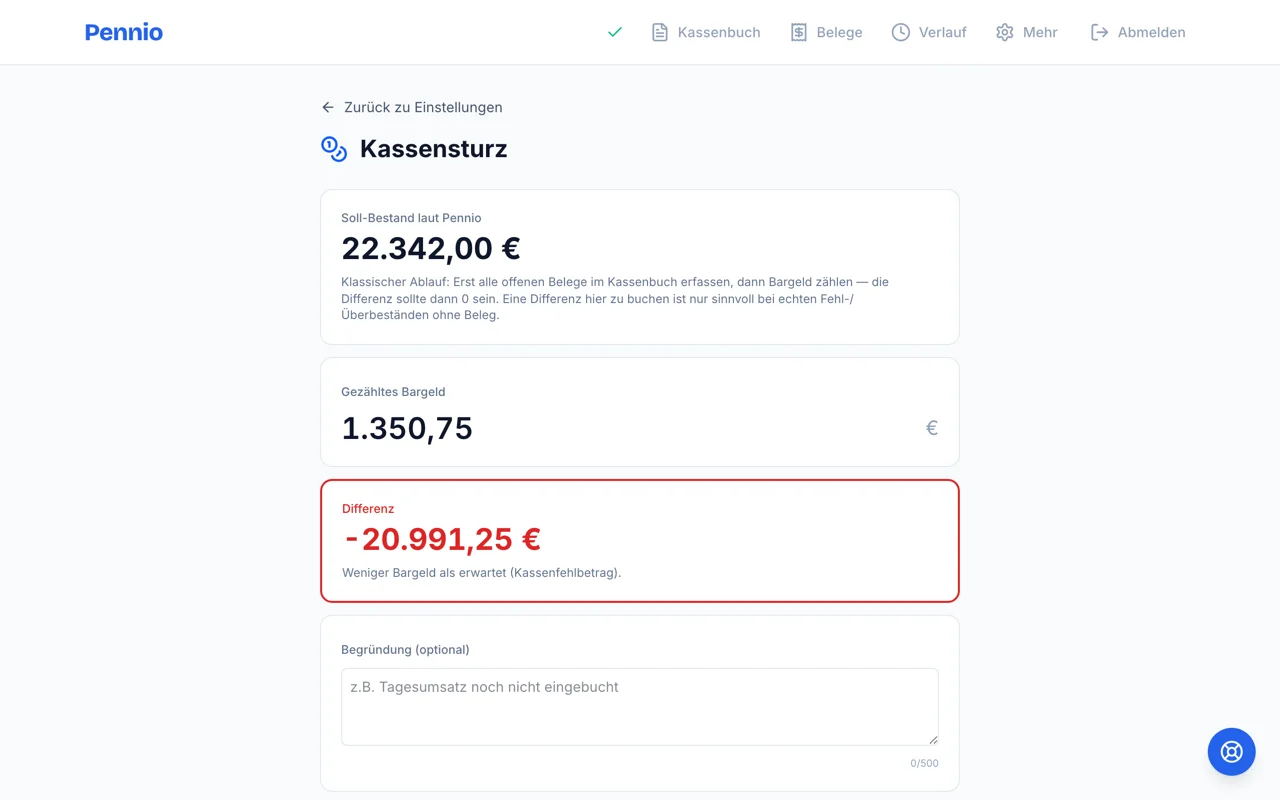Kassensturz-Screen in Pennio mit Soll-Bestand, gezähltem Bargeld und Differenz
