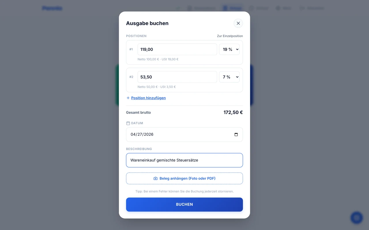 Splitbuchungs-Modal mit zwei Positionen 119,00 € (19 %) und 53,50 € (7 %), Gesamtsumme 172,50 €