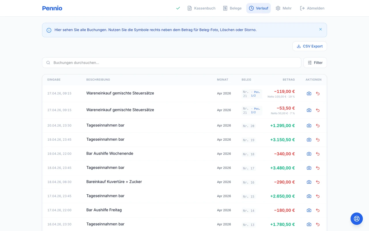 Verlauf-Ansicht mit einem Splitbeleg, Belegnummer 21 mit Positionen 1/2 und 2/2 und unterschiedlichen USt-Sätzen