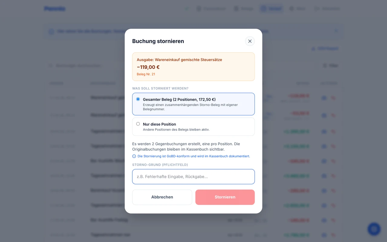 Storno-Dialog für eine Splitbuchung mit den Optionen Gesamter Beleg (2 Positionen, 172,50 €) und Nur diese Position