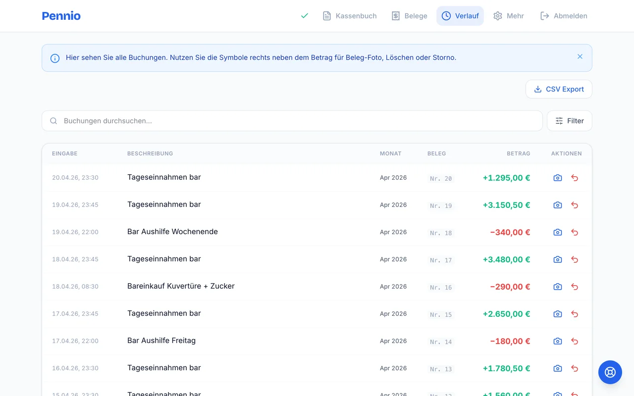Verlauf-Ansicht mit Spalten Eingabe, Beschreibung, Monat, Beleg, Betrag und Aktionen
