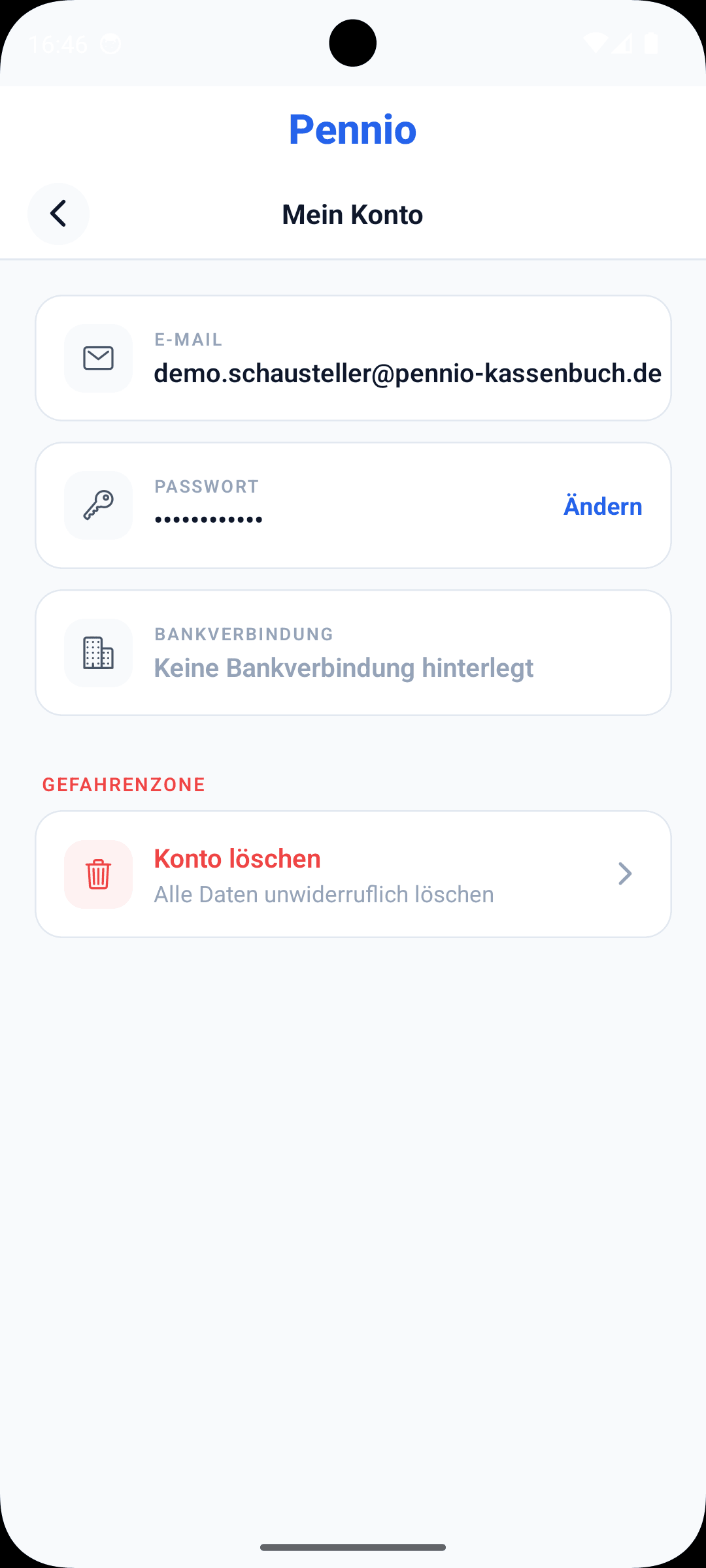 Mein-Konto-Bildschirm in der Pennio Mobile App mit Gefahrenzone und Konto-Löschen-Eintrag