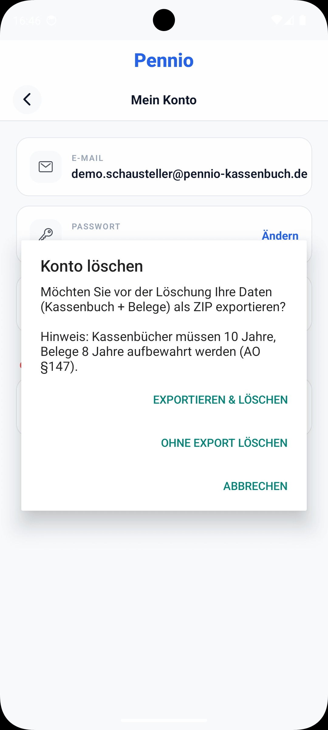 Konto-Löschen-Bestätigungsdialog in der Pennio Mobile App mit ZIP-Export-Option