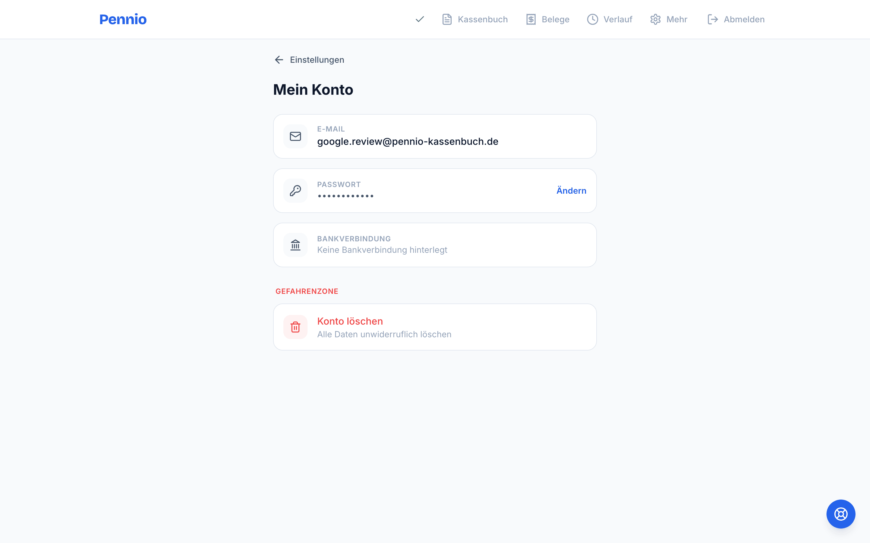 Mein-Konto-Seite in Pennio mit dem Bereich Gefahrenzone und dem Button Konto löschen