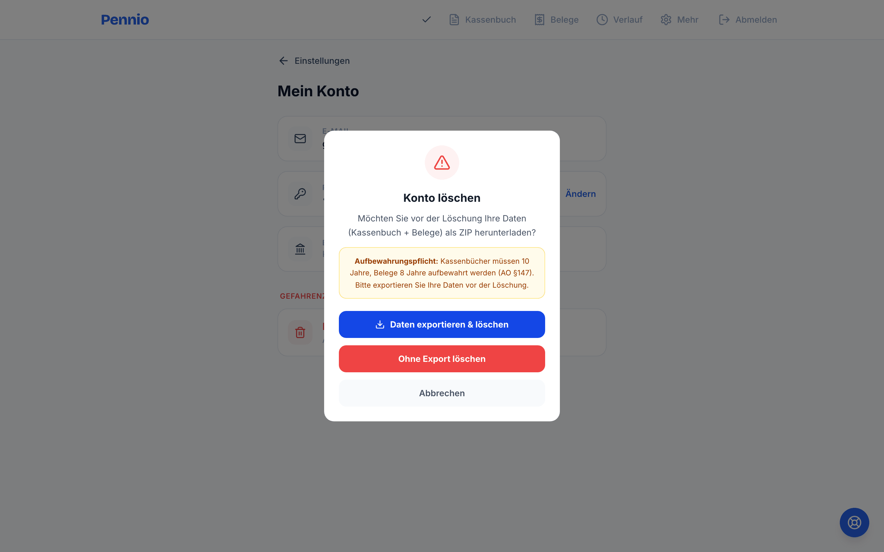 Konto-Löschen-Dialog mit Hinweis auf die gesetzliche Aufbewahrungspflicht und den Optionen Daten exportieren und löschen, Ohne Export löschen sowie Abbrechen