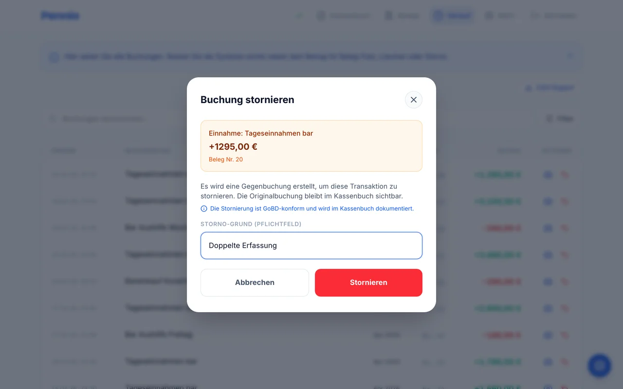 Storno-Dialog mit Originalbuchung, GoBD-Hinweis und Pflichtfeld Storno-Grund