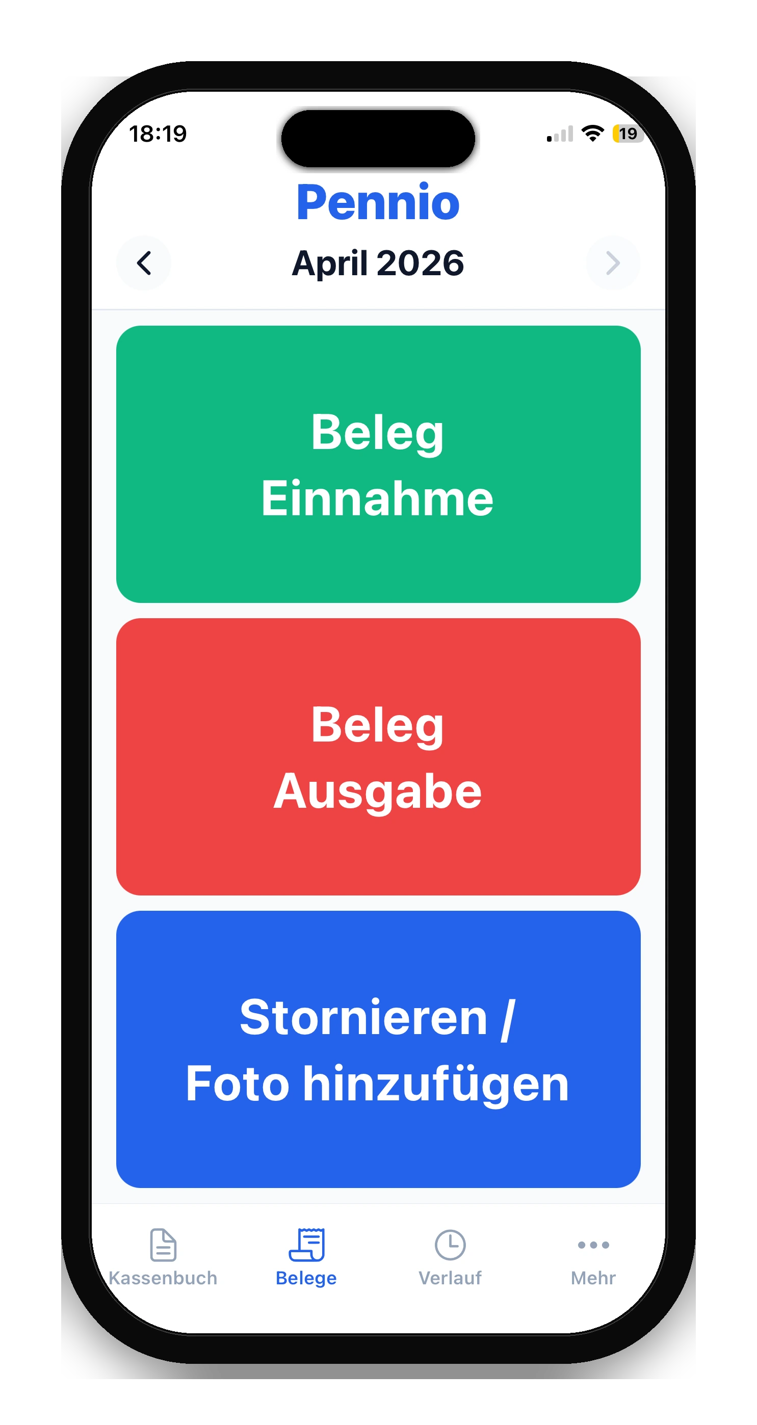 Pennio Mobile App Buchungen-Screen mit Kassenbestand und Buchungs-Buttons fuer Einnahmen und Ausgaben