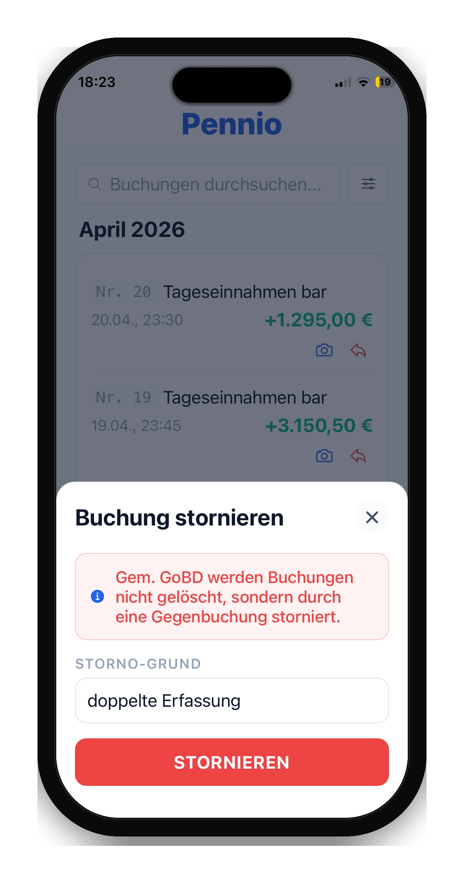 Pennio Mobile App: Storno-Dialog mit GoBD-Hinweis zur dokumentierten Gegenbuchung