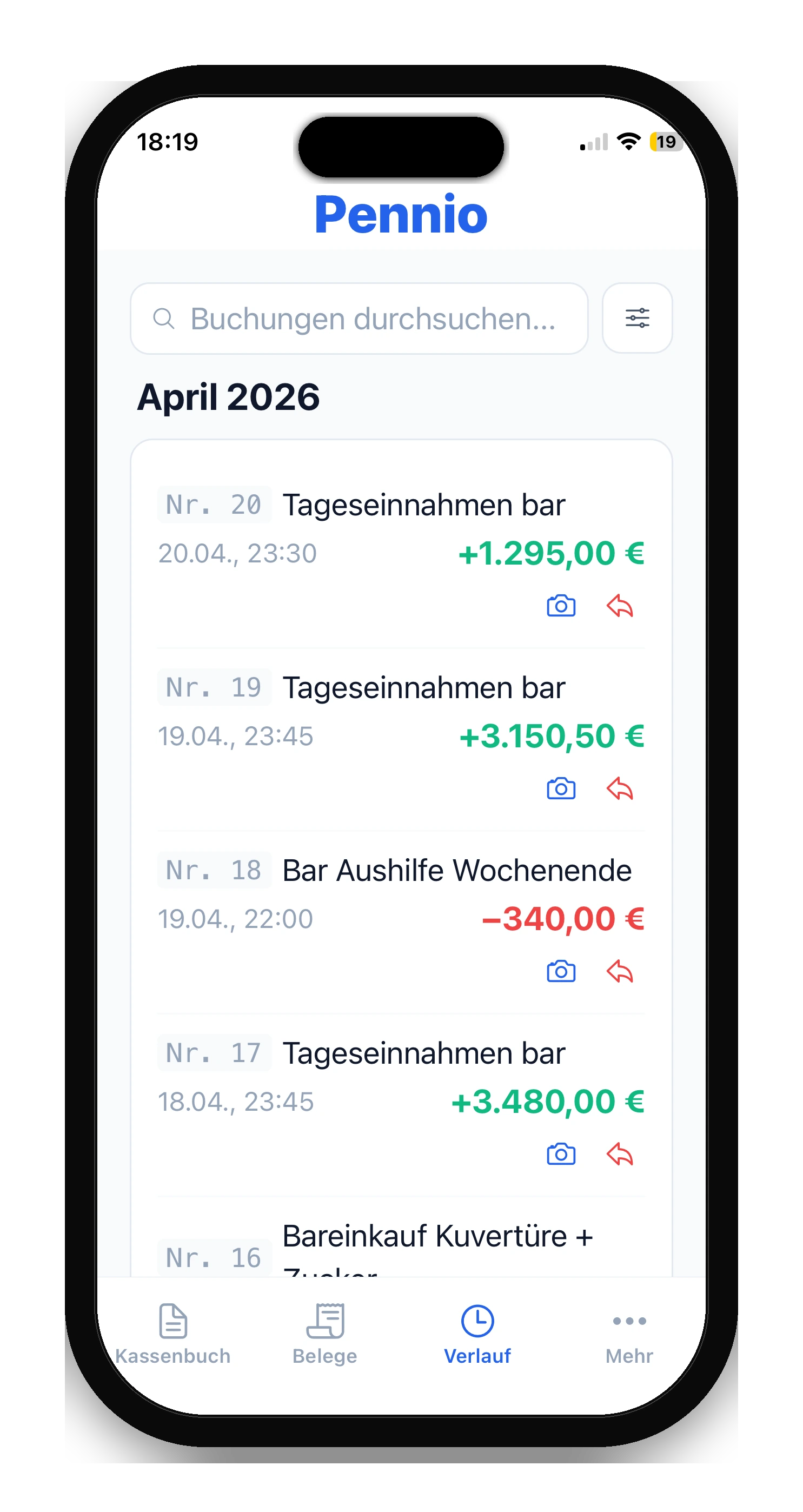 Pennio App Buchungsverlauf mit STORNO-Markierung an einer stornierten Buchung