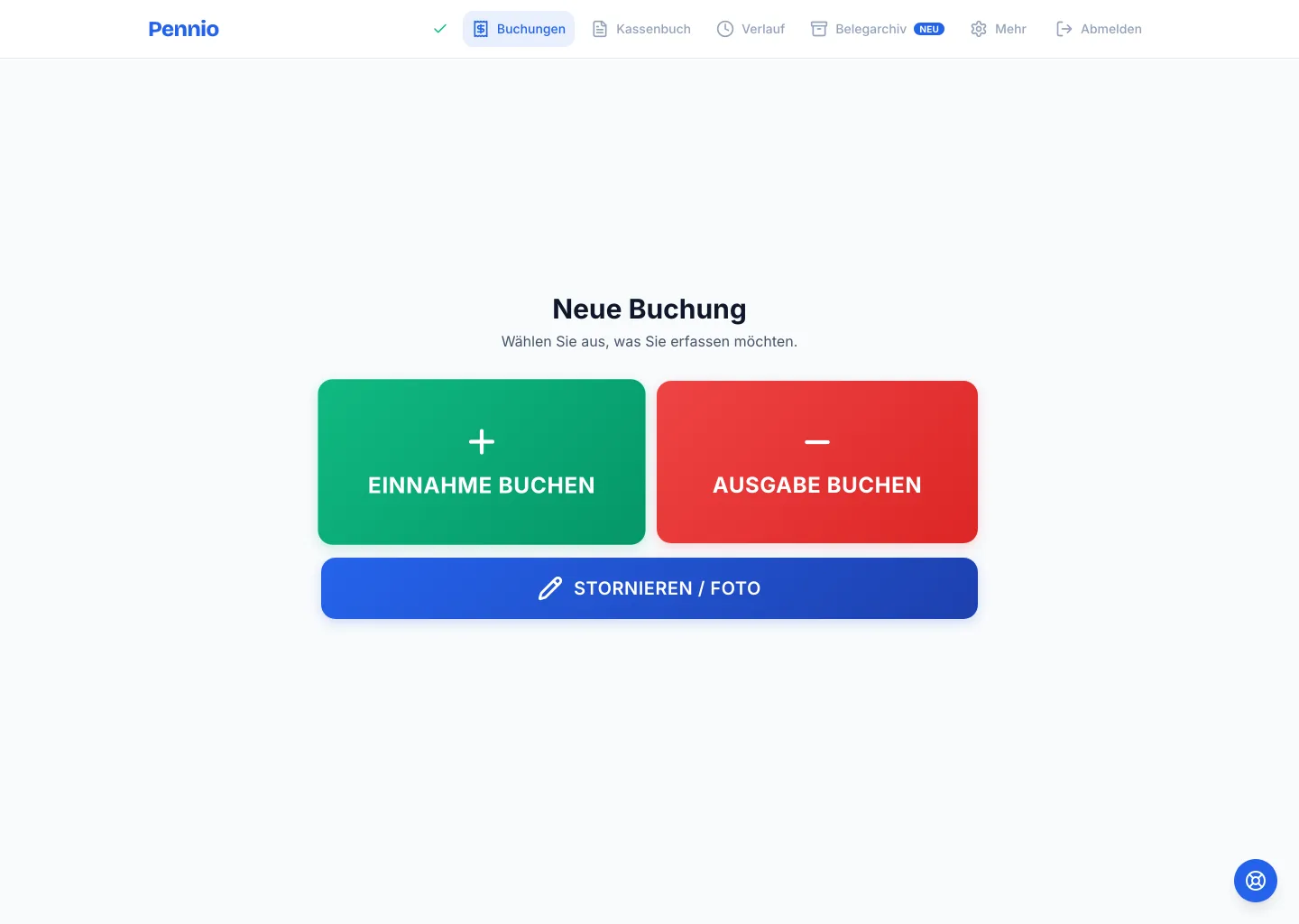 Startbildschirm des Online-Kassenbuchs im Browser: Einnahme buchen, Ausgabe buchen, Stornieren