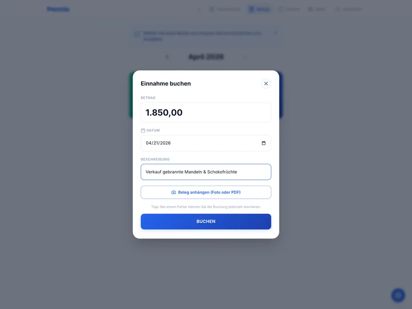 Pennio Buchungsformular: Einnahme buchen mit Betrag, Beschreibung und Datum