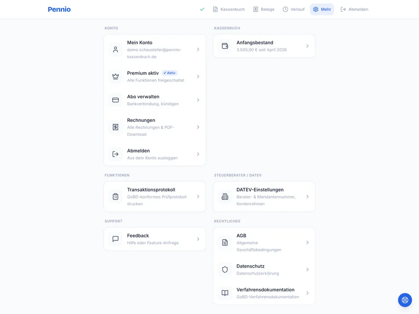 Pennio Einstellungen mit Verfahrensdokumentation und Transaktionsprotokoll für GoBD-konforme Kassenbuchführung