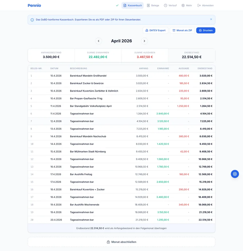 Pennio Kassenbuch-Ansicht mit lückenloser Belegnummerierung, Audit-Trail und chronologischer Buchungsübersicht