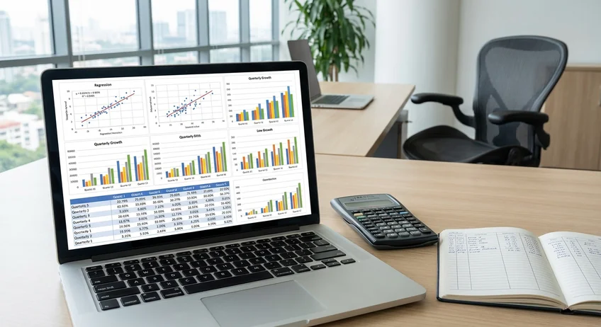 Laptop zeigt statistische Auswertung der Kassendaten neben Taschenrechner und Kassenbuch