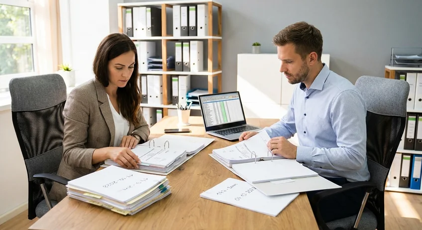 Unternehmer und Steuerberater bereiten Unterlagen für die Betriebsprüfung vor