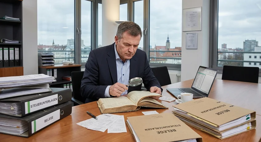 Betriebsprüfer kontrolliert Kassenbuch und Belege bei einer Betriebsprüfung