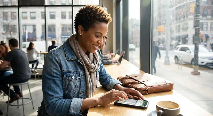 Selbstständiger Unternehmer nutzt Kassenbuch auf dem Smartphone im Café