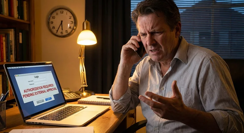 Frustrierter Geschäftsinhaber am Telefon, Laptop zeigt Login-Bildschirm mit Autorisierungsmeldung