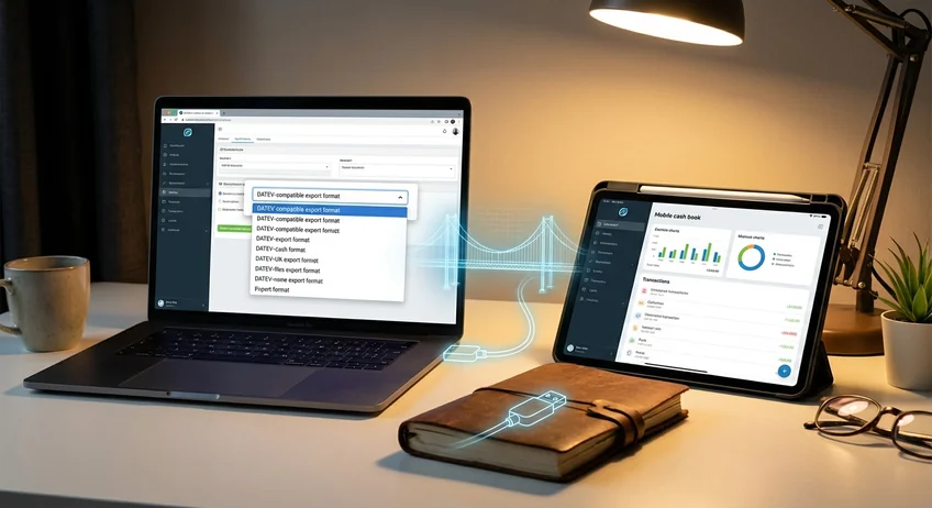 Laptop zeigt DATEV-kompatiblen Export neben Tablet mit moderner Kassenbuch-App