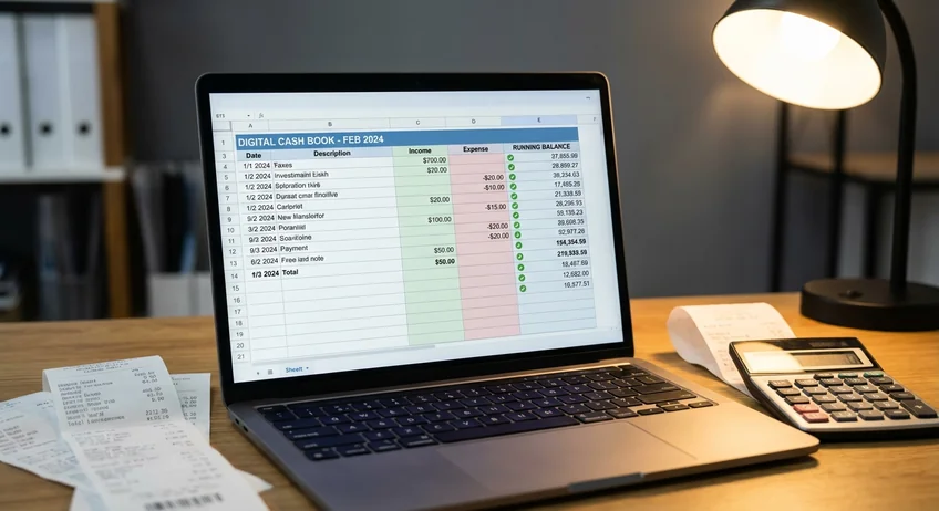 Laptop-Bildschirm zeigt automatische Berechnung und Saldierung im digitalen Kassenbuch