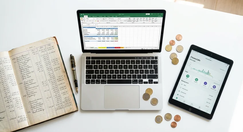 Vergleich von Papier-Kassenbuch, Excel-Tabelle und digitalem Kassenbuch nebeneinander auf Schreibtisch