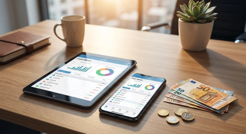 Tablet und Smartphone zeigen digitales Kassenbuch mit Finanzübersicht auf modernem Schreibtisch