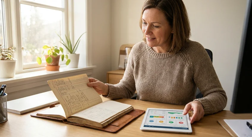 Geschäftsinhaber wechselt von Papier-Kassenbuch zu Tablet-App am Schreibtisch