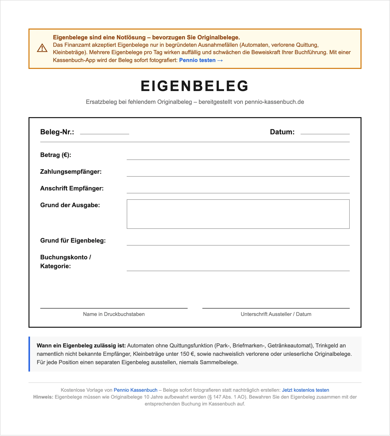 Eigenbeleg-Vorlage zum Ausdrucken – kostenloses Muster als PDF und Word mit allen Pflichtangaben: Beleg-Nr., Datum, Betrag, Zahlungsart, Zahlungsempfänger, Grund der Ausgabe, Grund für den Eigenbeleg und Unterschrift