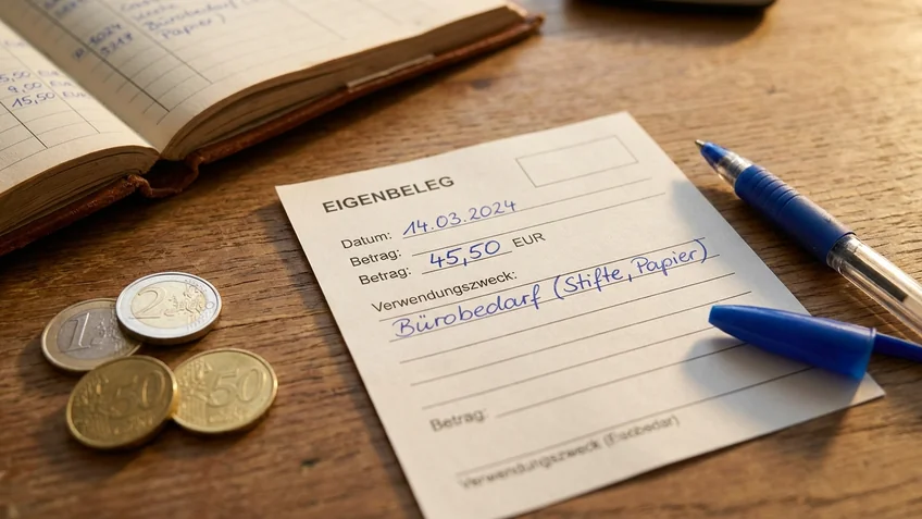 Eigenbeleg-Formular auf dem Schreibtisch neben Kassenbuch und Kugelschreiber