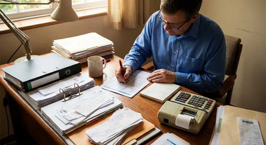 Betriebsprüfer schätzt Umsätze am Schreibtisch mit Kassenbuch und Taschenrechner