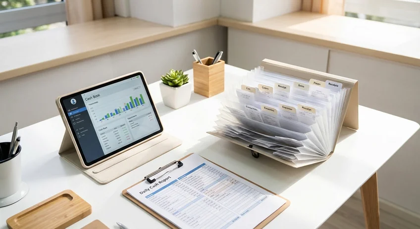 Aufgeräumter Schreibtisch mit digitalem Kassenbuch, sortierten Belegen und Tagesabschluss