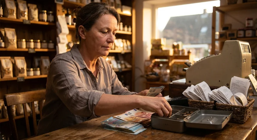 Kassenabrechnung erstellen am Geschäftsende mit Bargeld und Belegen