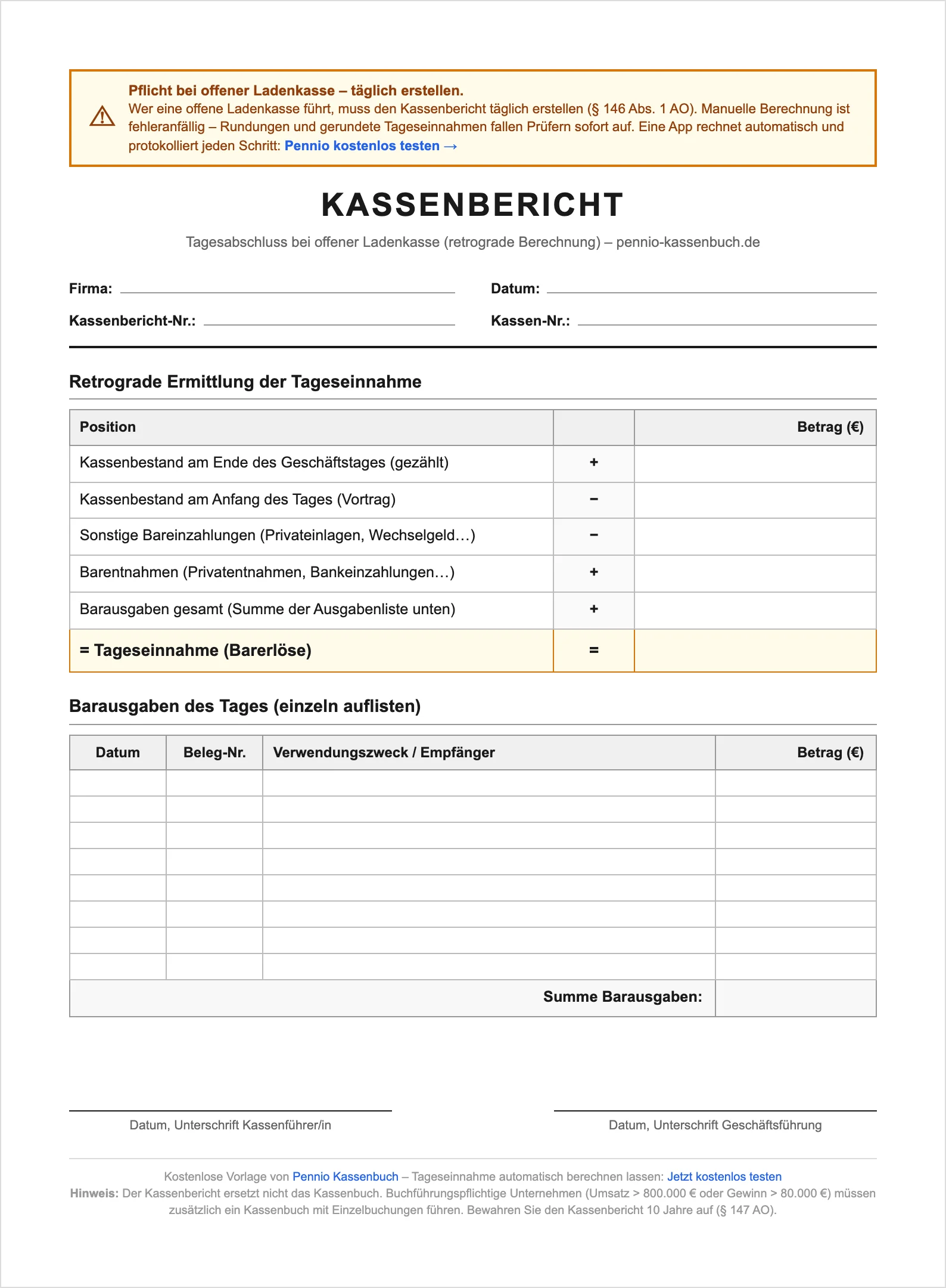 Kassenbericht-Vorlage zum Ausdrucken – kostenloses Muster für den Tagesabschluss bei offener Ladenkasse mit retrograder Berechnung der Tageseinnahme