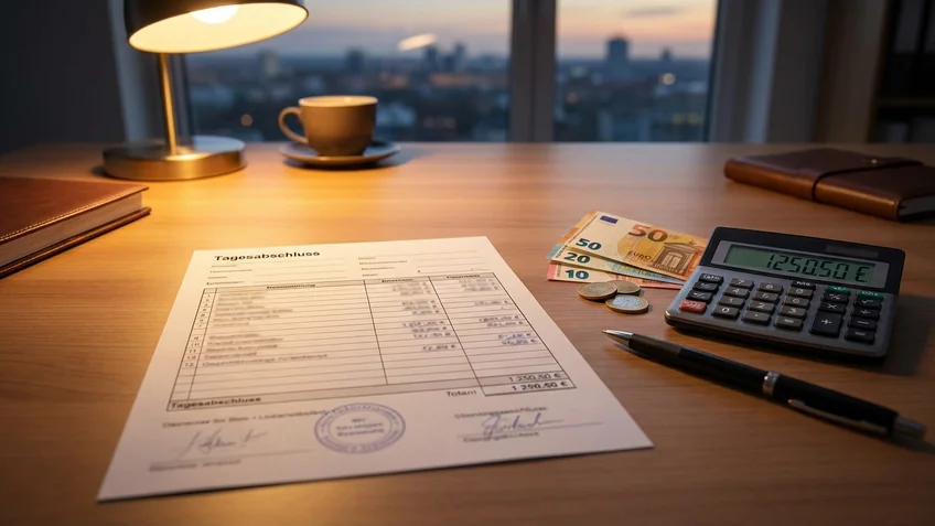 Kassenbericht-Formular mit Tagesabrechnung und Kassenbestand