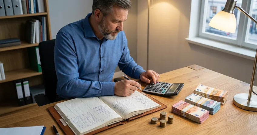 Unternehmer berechnet den Kassenbestand am Schreibtisch mit Kassenbuch und Taschenrechner