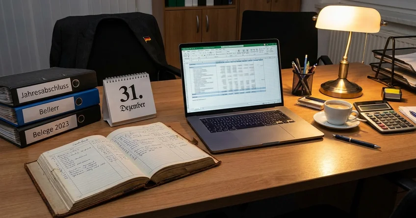 Kassenbestand beim Jahreswechsel mit Kassenbuch und Bilanz auf dem Schreibtisch