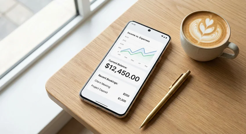 Smartphone-Dashboard zeigt Kassenbuch-Funktionen mit Einnahmen- und Ausgabenübersicht