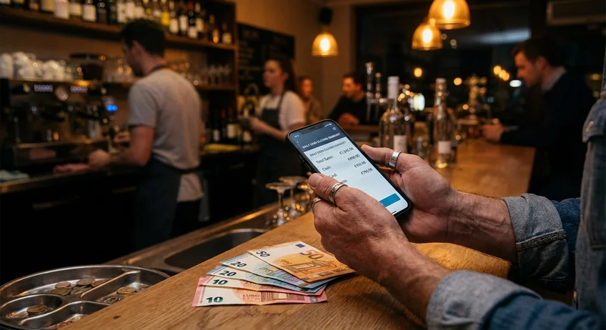 Hände halten Smartphone mit Tagesabschluss-Bildschirm, Euro-Geldscheine auf dem Tresen