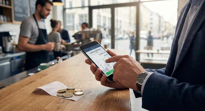 Geschäftsperson nutzt Kassenbuch App auf dem Smartphone an einer Café-Theke