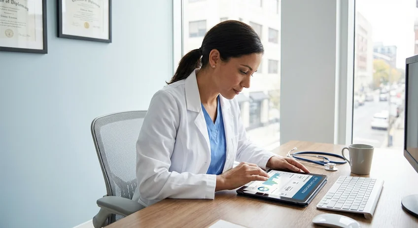 Ärztin am Schreibtisch mit digitalem Kassenbuch auf dem Tablet