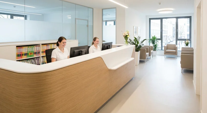 Arztpraxis-Empfang mit Kassenbereich und Belegorganisation