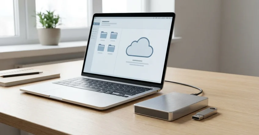 Laptop-Bildschirm zeigt digitale Kassenbuch-Archivierung mit Backup-Symbol und Ordnerstruktur