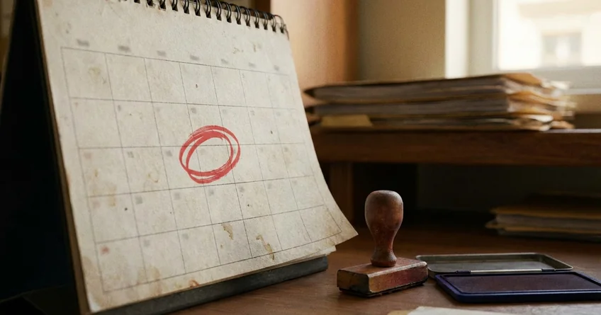 Kalender mit markiertem Datum und Stempel Aufbewahrungsfrist abgelaufen, Aktenordner im Hintergrund