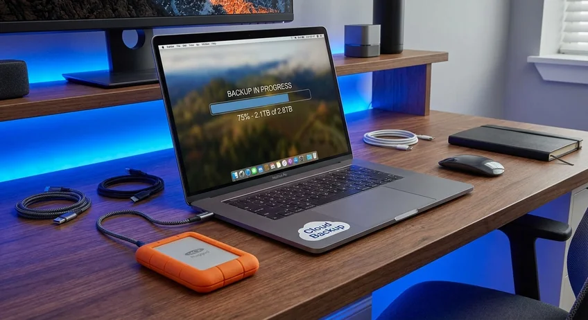 Laptop mit externer Festplatte und Backup-Fortschrittsanzeige auf dem Bildschirm