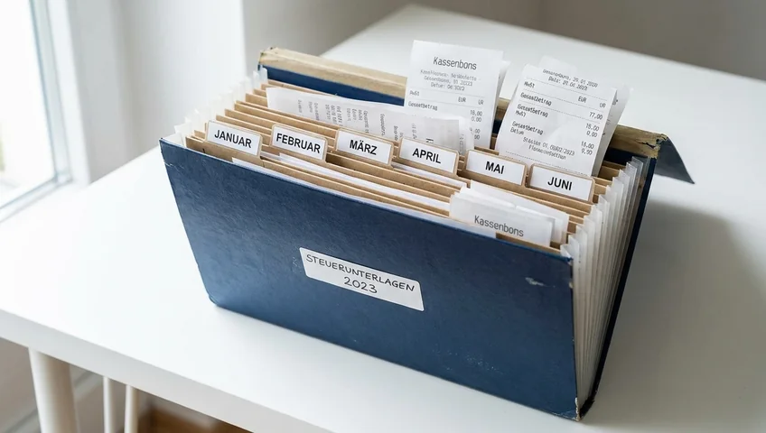 Belegordner mit sortierten Quittungen und Rechnungen für das Kassenbuch