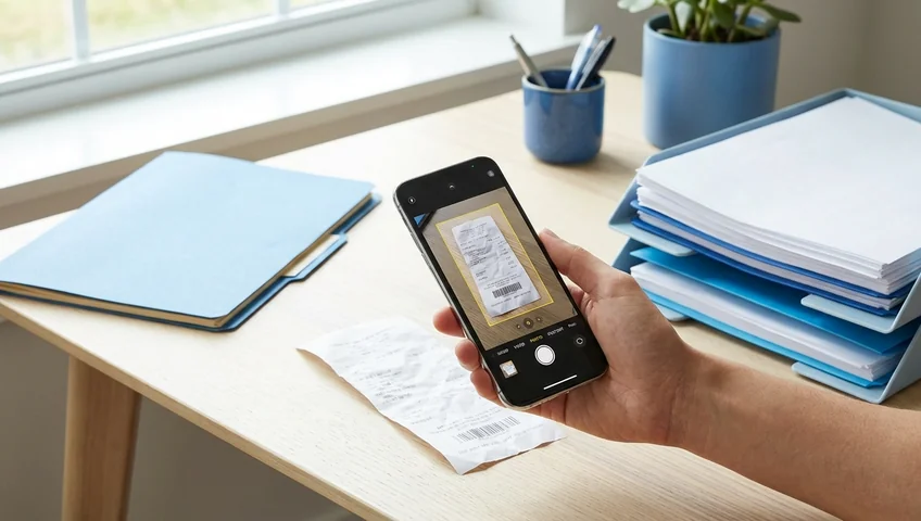 Smartphone fotografiert Kassenbon zur digitalen Archivierung neben blauem Ordner